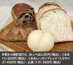 手前から時計回りに、ほっぺぱん90円（税込）、くるみパン300円（税込）、くるみレーズンブレッド（1/2サイズ）450円（税込）、山食（１斤）360円（税込）