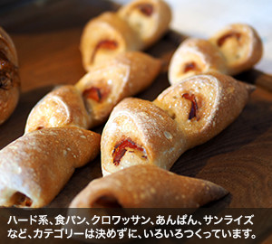 ハード系、食パン、クロワッサン、あんぱん、サンライズなど、カテゴリーは決めずに、いろいろつくっています。