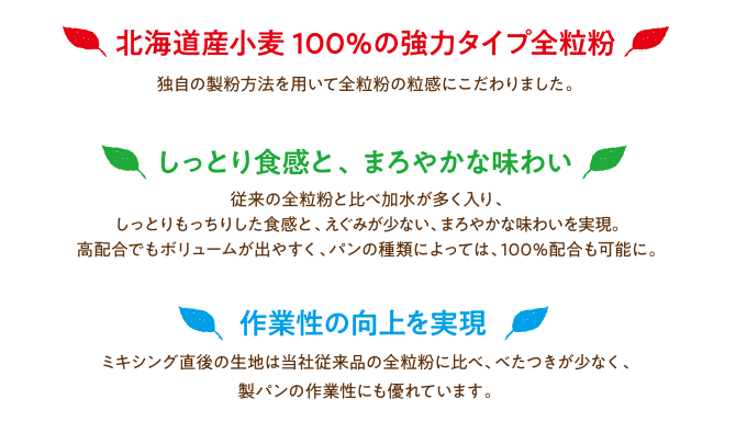 ●北海道産小麦100％の強力タイプ全粒粉　●しっとり食感と、まろやかな味わい　●作業性の向上を実現