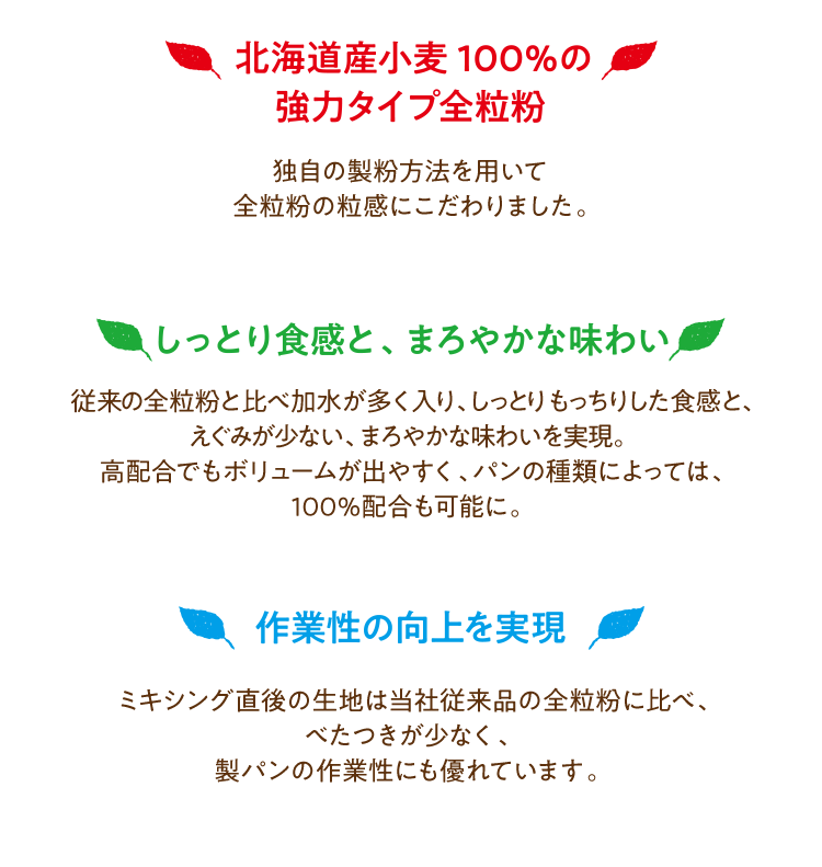 ●北海道産小麦100％の強力タイプ全粒粉　●しっとり食感と、まろやかな味わい　●作業性の向上を実現